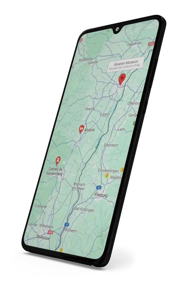 Smartphone exibindo mapa da Alsácia.