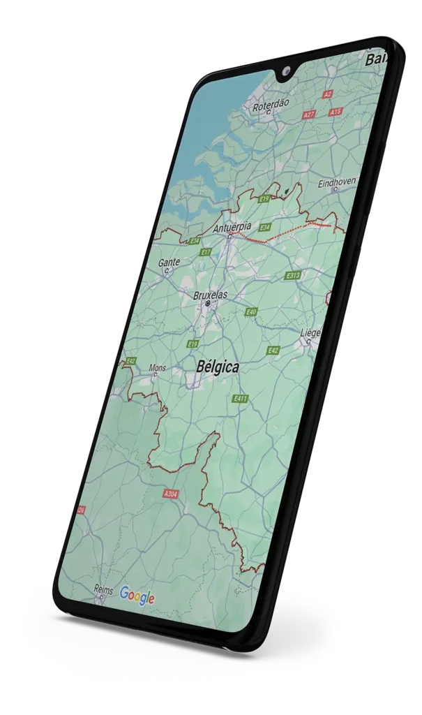 Smartphone exibindo mapa da Bélgica.