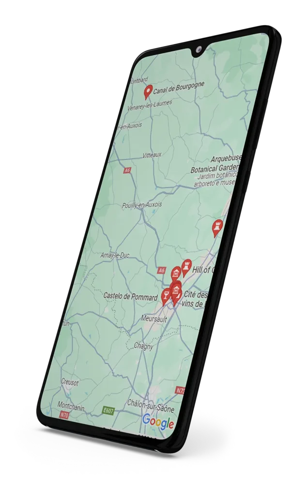 Smartphone exibindo mapa da Borgonha.