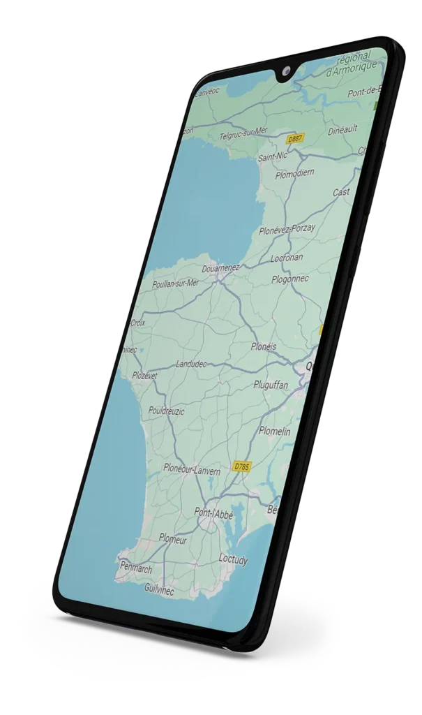 Smartphone exibindo mapa da Bretanha.