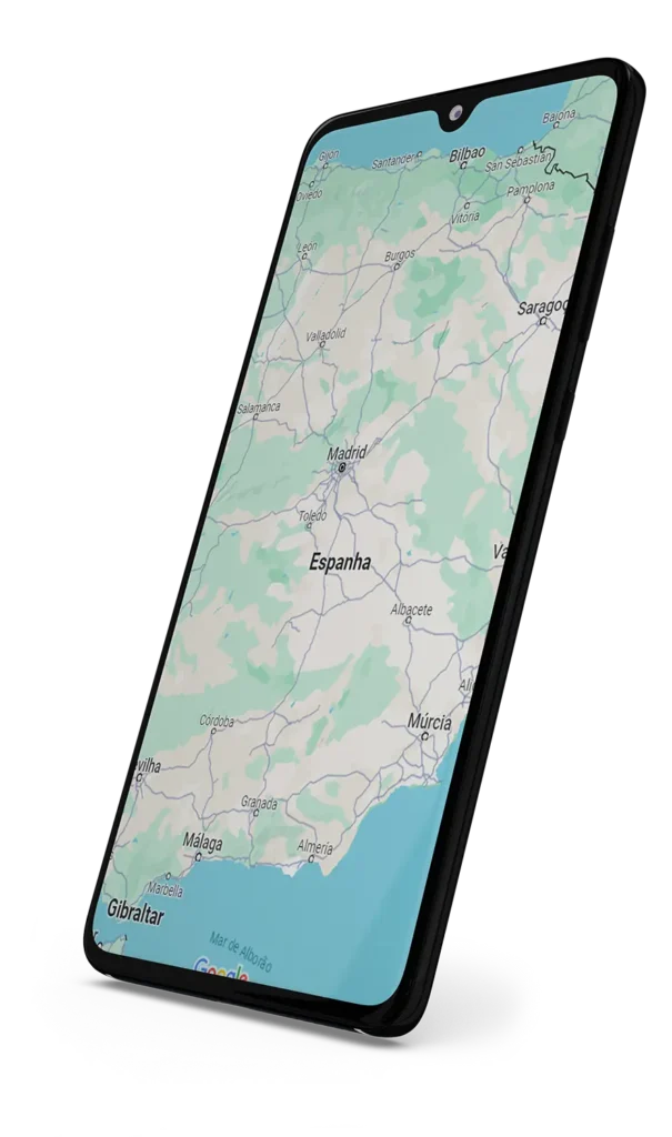 Smartphone exibindo mapa da Espanha.