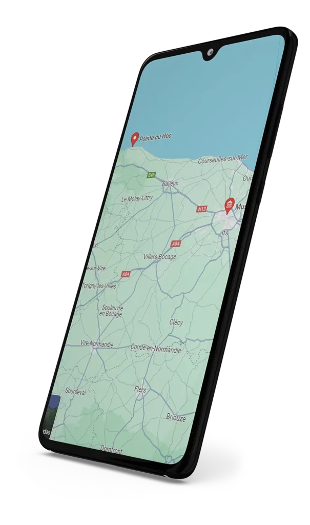 Smartphone exibindo mapa da Normandia.