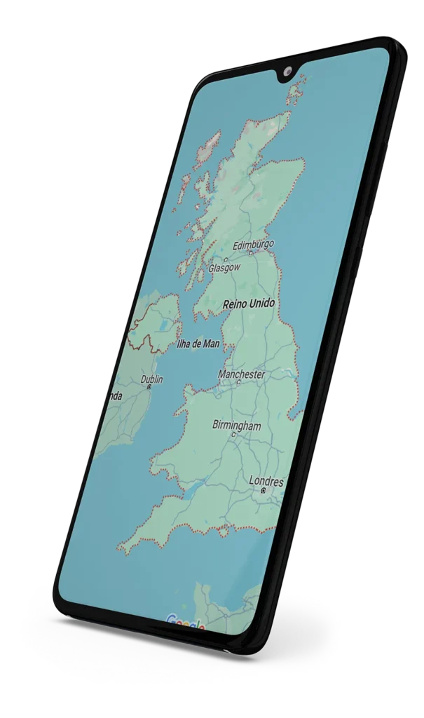 Smartphone exibindo mapa do Reino Unido.
