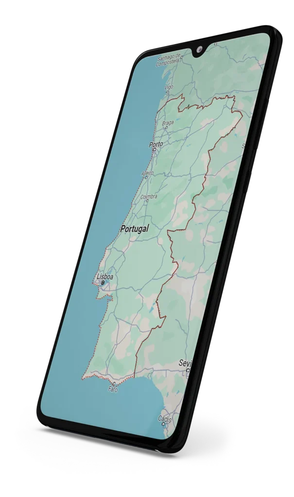 Smartphone exibindo mapa de Portugal.
