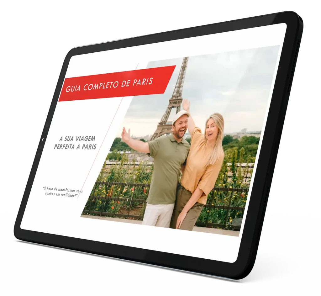 Tablet exibindo o roteiro de viagem para Paris do Conexão Bonjour.
