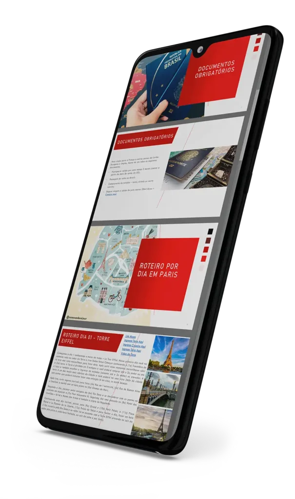 Smartphone exibindo o roteiro de viagem para Paris do Conexão Bonjour.