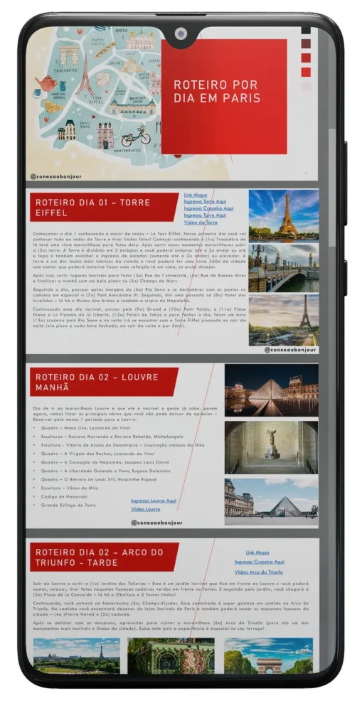 Smartphone exibindo o roteiro de viagem para Paris do Conexão Bonjour.