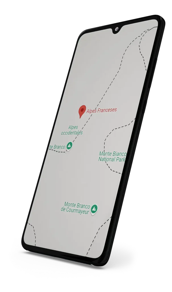 Smartphone exibindo mapa dos Alpes Franceses.