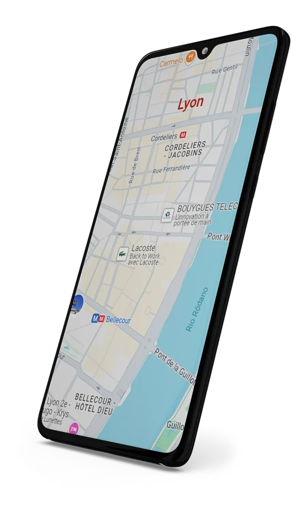 Smartphone exibindo mapa de Lyon, na França.