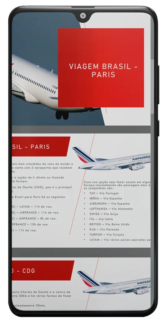 Smartphone exibindo o roteiro de viagem para França do Conexão Bonjour.