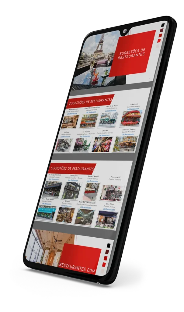 Smartphone exibindo o roteiro de viagem para França do Conexão Bonjour.