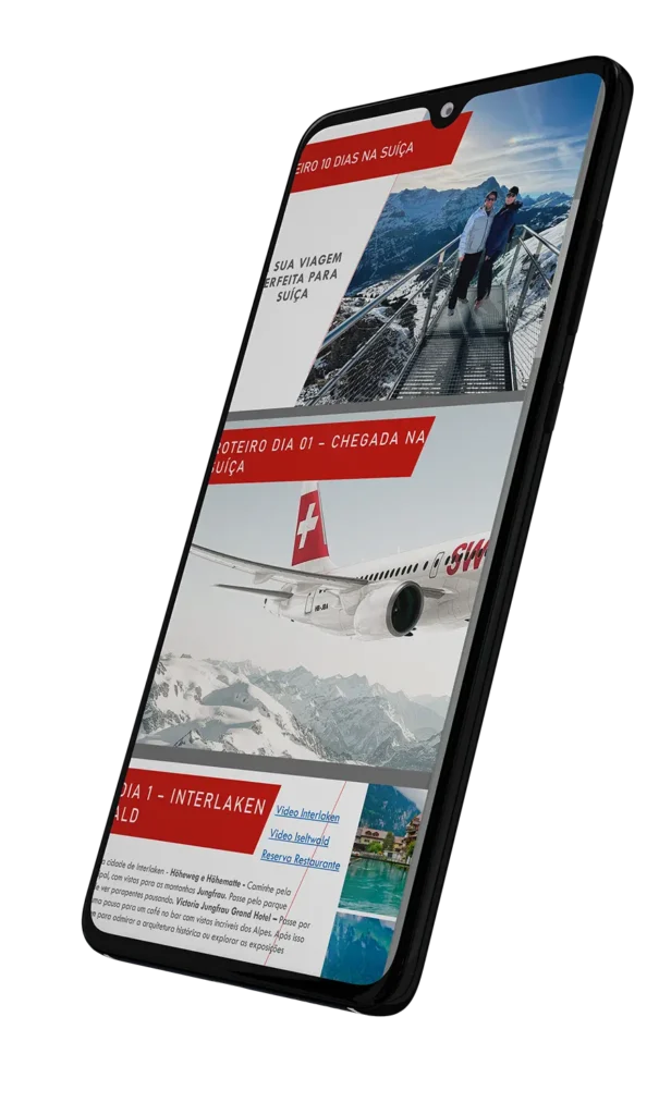 Smartphone com roteiro para viagem para Suíça do Conexão Bonjour.