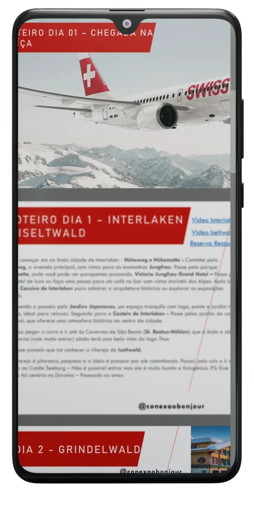 Smartphone com roteiro de viagem da Suíça do Conexão Bonjour aberto na tela.